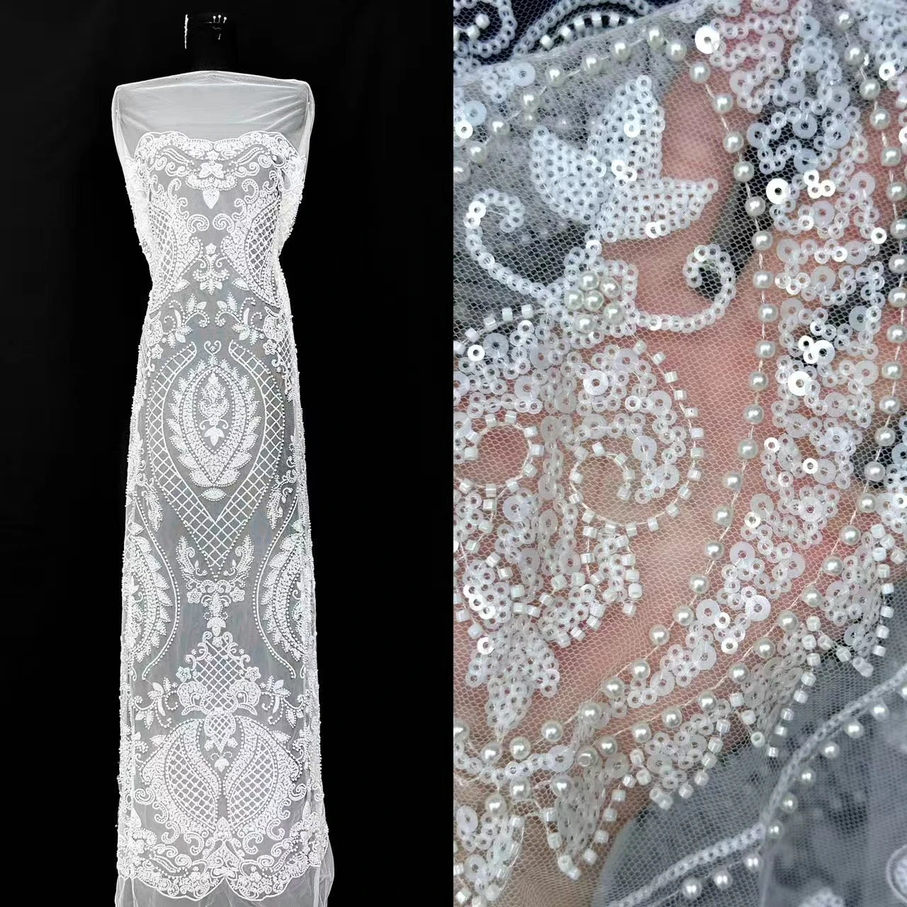 Kain Tulle Afrika dengan Payet Prancis, Kain Bordir Jahit dengan Manik-manik, Kain Tulle Mesh Nigeria untuk Gaun, 5 Yard, TP1682