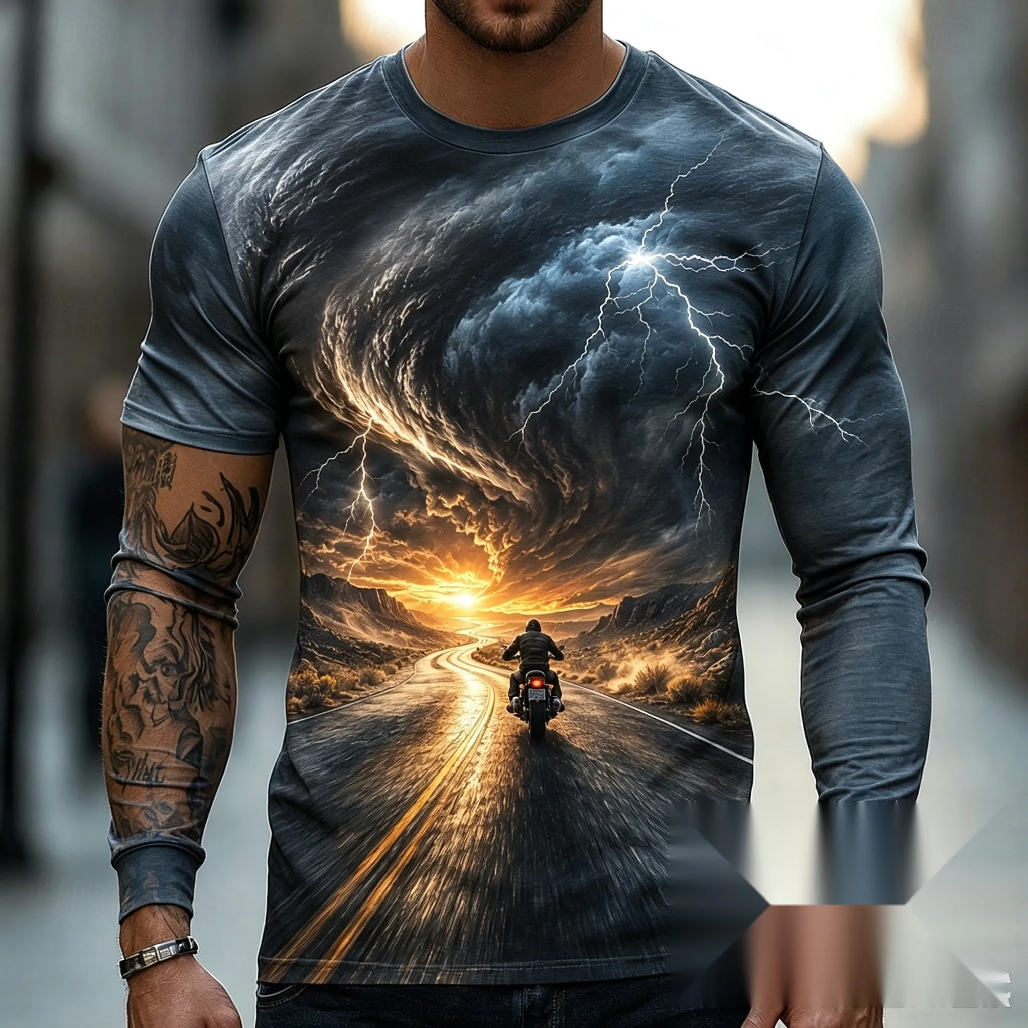 Men 3D Nature Landscape Print Long Sleeve T Shirt Canyon Volcano Motorcycle Graphic Casual Long Sleeve Tops