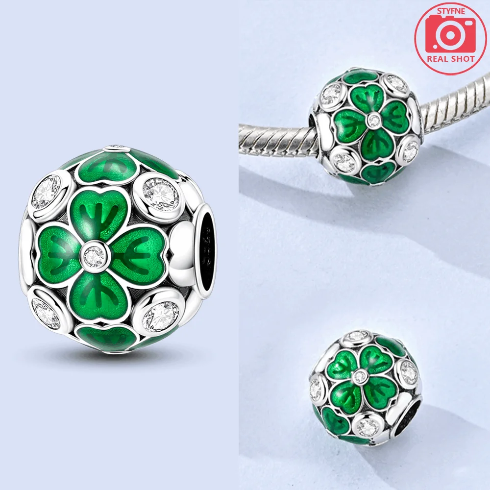 Abalorios de Plata de Ley 925 con Diseño de Trébol de Cuatro Hojas Verde, Compatibles con Pulseras Originales, Bolsos, Llaveros, Pendientes, Colgantes, Joyería DIY para Mujer, Regalo