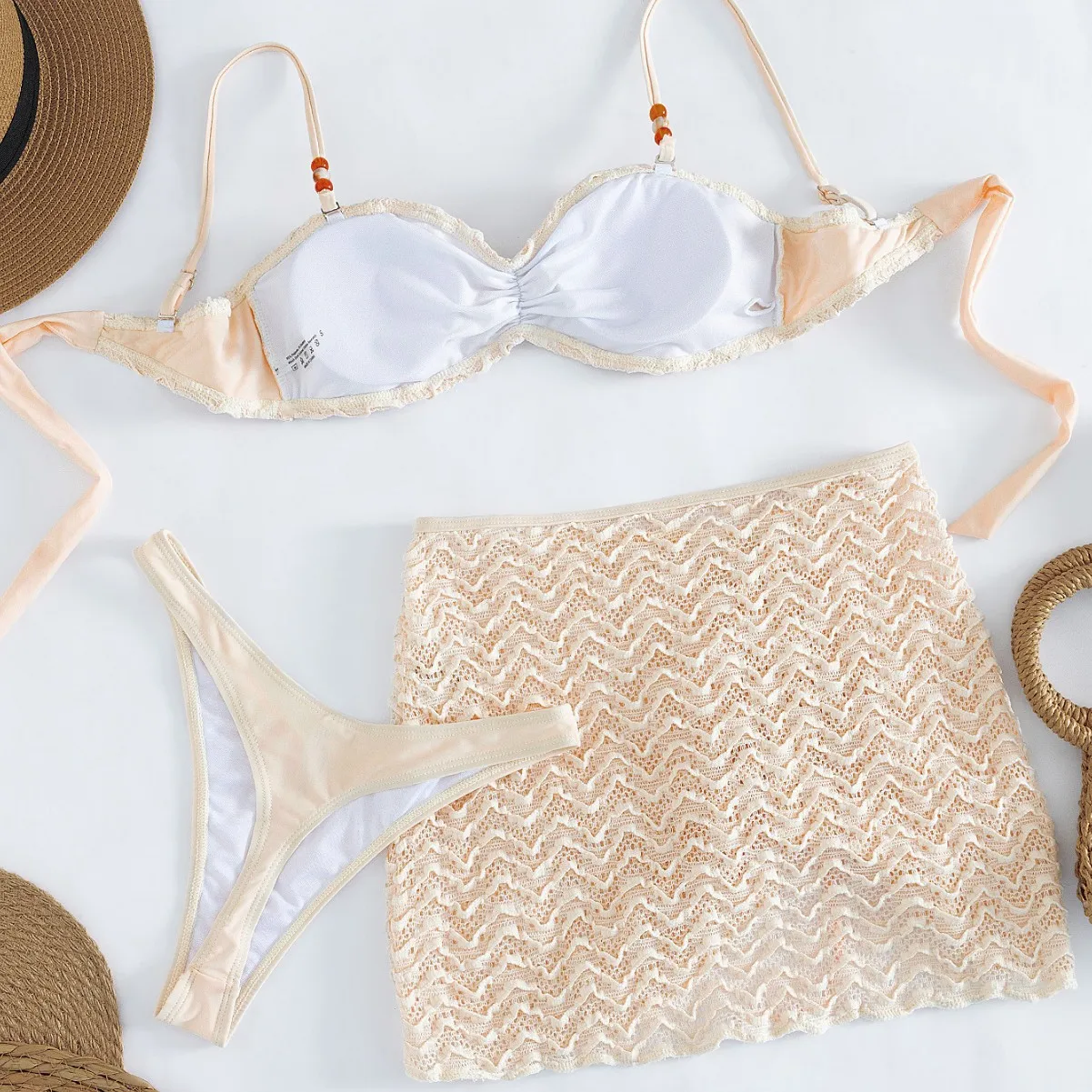 Women lace wrinkled plain beads bikinis sets 3pcs with drawstring mini skirt swimsuit bathing suit beach outfits biquini tankini