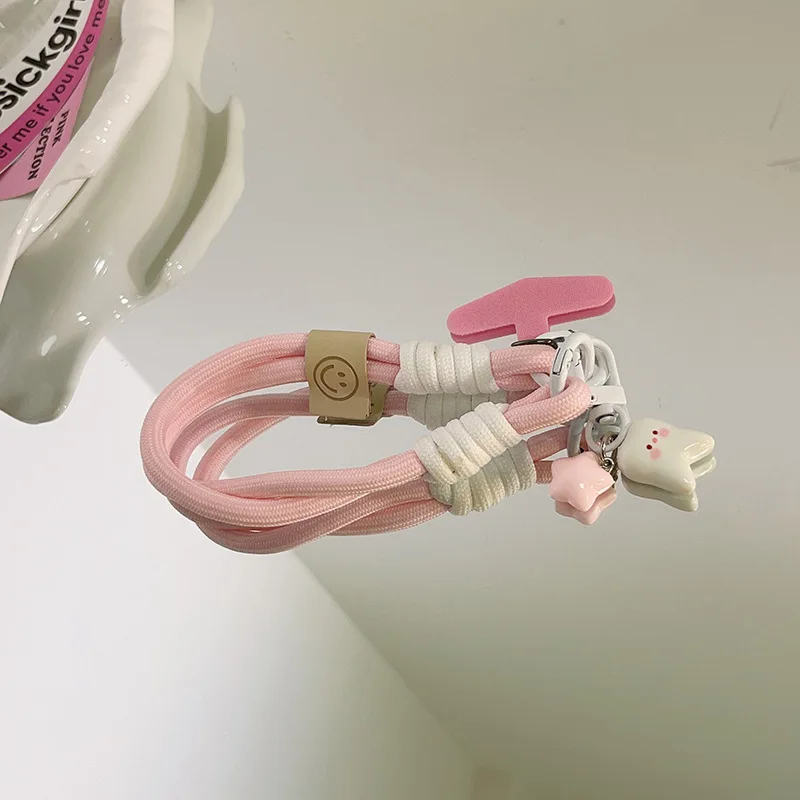 

Модный милый девчачий стиль Ins, подвеска в виде румян со звездами и зубами — короткий плетеный браслет/чехол для ручного телефона, универсальный ремешок