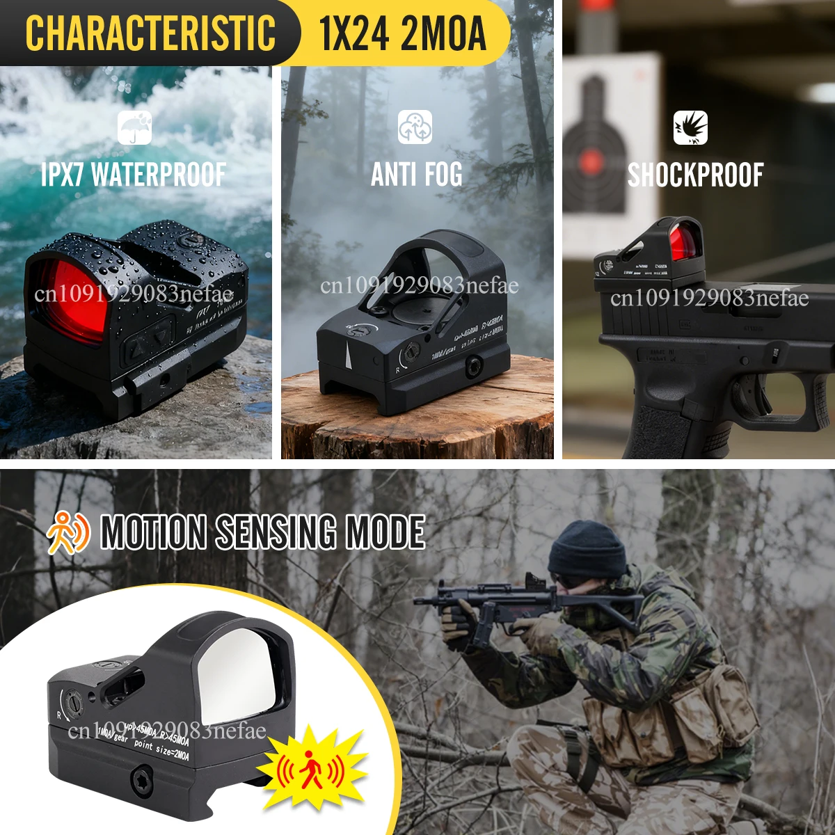 Visée tactique HOW * E 2 MOA 1x24mm, empreinte RM, éclairage rouge/vert avec mouvement éveillé pour portée de fusil sur Rail Picatinny