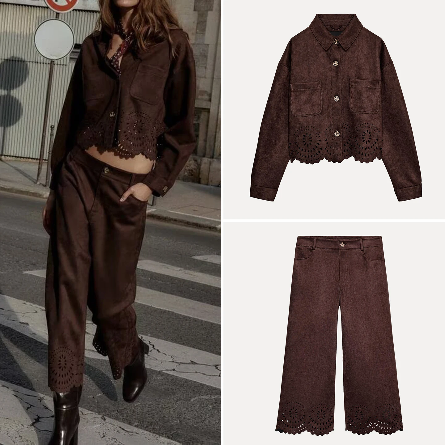

Women's Hollow out Jacket And Wide Leg Pants Fashion Set Autumn 2025 Zadata Brand Long Sleeve Long Pants Four Seasons Adult