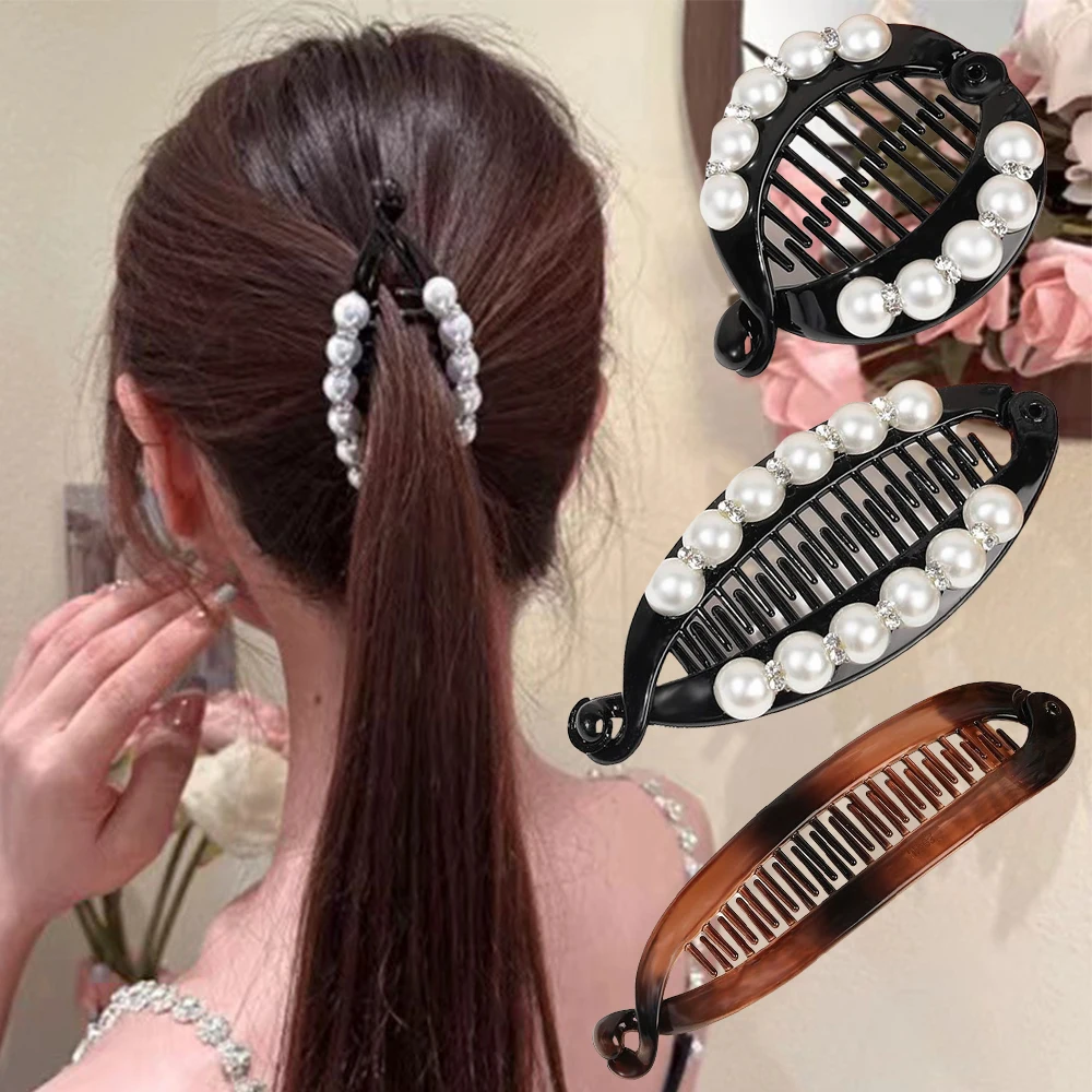 Kobiety spinka do włosów perła Rhinestone kucyk bananowa spinka do włosów dla dziewczynek grzebienie Barrettes szpilka Fishtail klip akcesoria do włosów