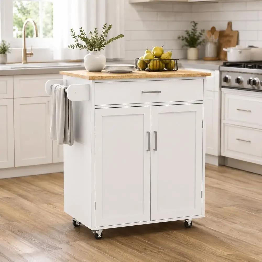 White Rolling Kitchen Island Cart with Solid Wood Top, Storage Cabinet, Drawer, and Towel Rack, 32.68x17.72x36.02
