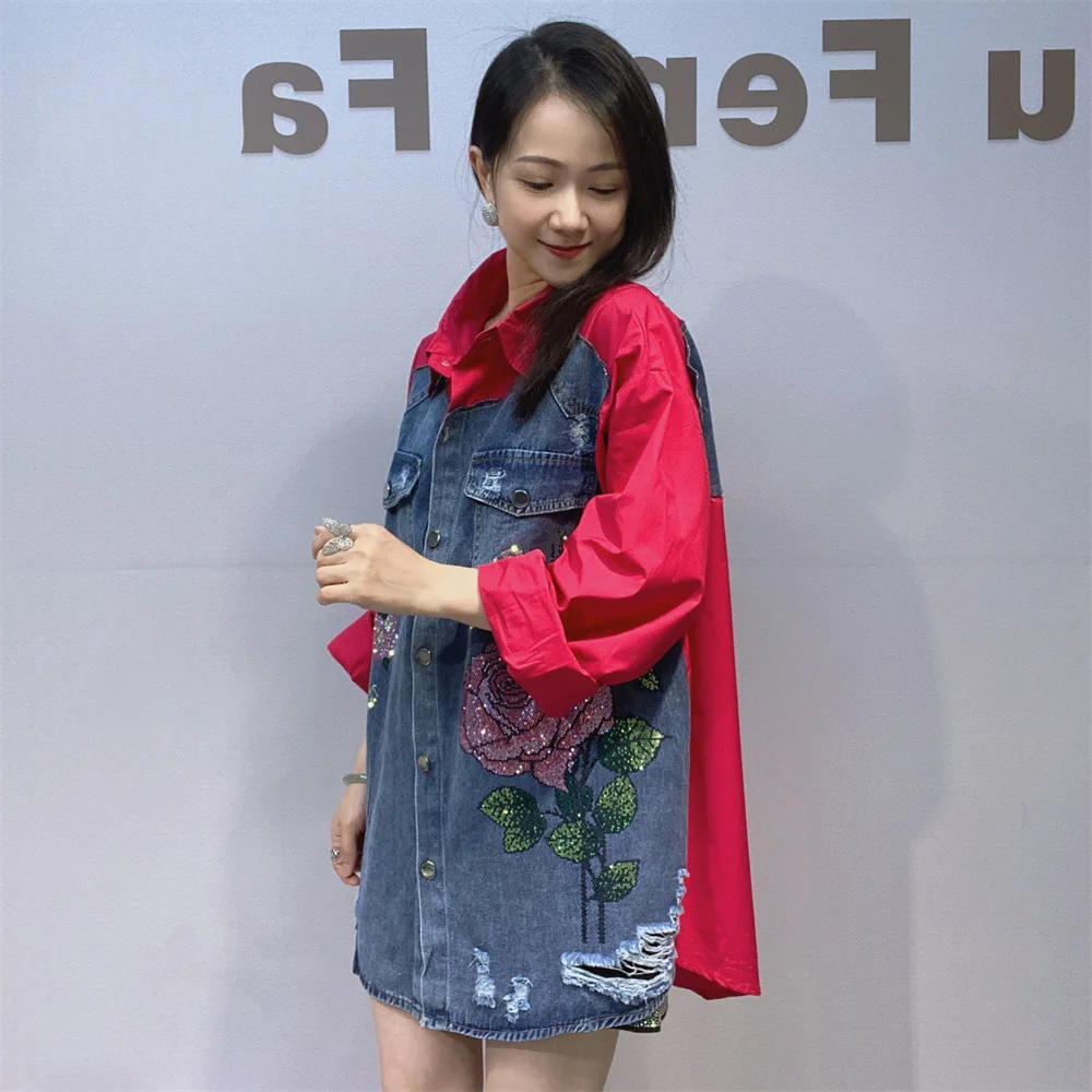Denim Jacket for Women Autumn Loose Mid-Length Shirt Color-Block Long Sleeve Cardigan Trendy Brand Floral Rhinestone Jacket