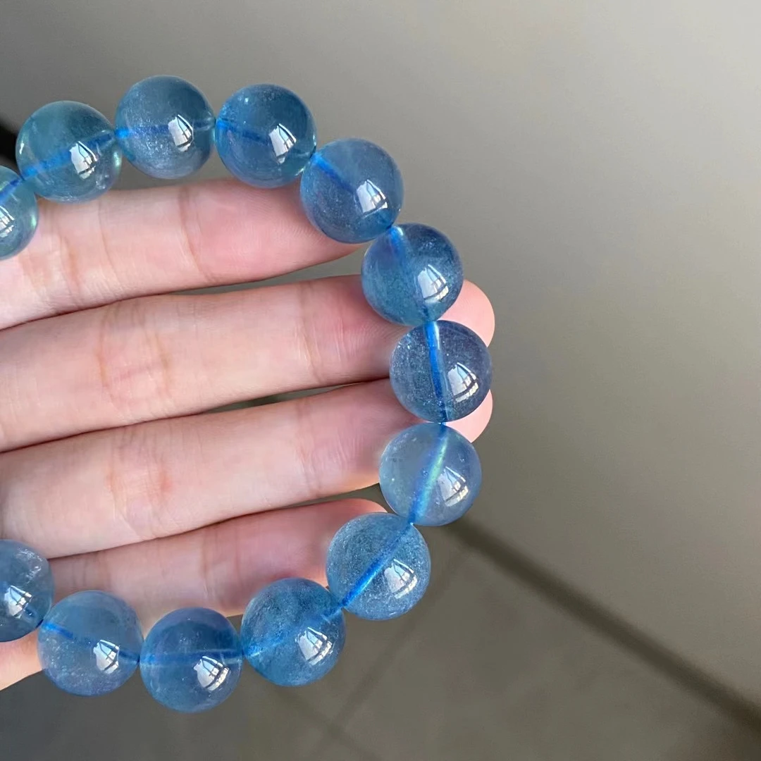 Natural Blue Aquamarine Clear Round Beads Bracelet Women Men Brazil 11mm Stretch Blue Aquamarine Jewelry AAAAA