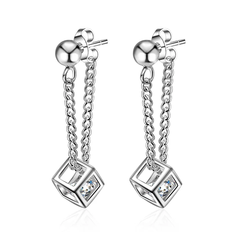 Simple Elegant 925 Silver Cube Love Window Zircon Tassel Sugar Drop Earrings for Women Sterling Brincos Oorbellen Best Gift
