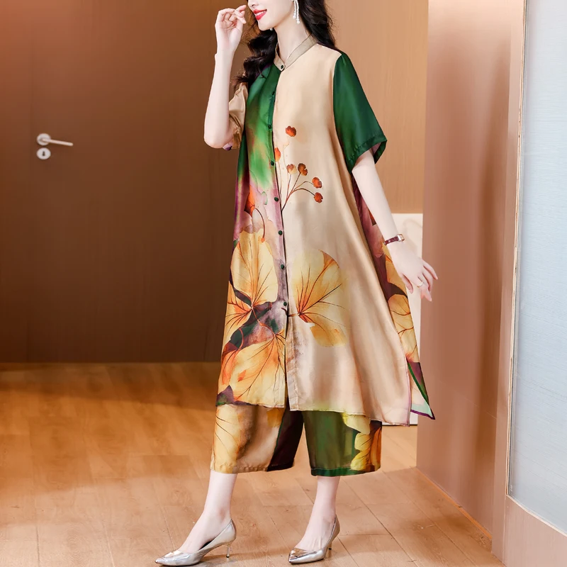 2024 Summer New Silk Retro Printed Fragrant Cloud Yarn Printed Cardigan Set with Loose Wide Leg Pants and Long Pants Set