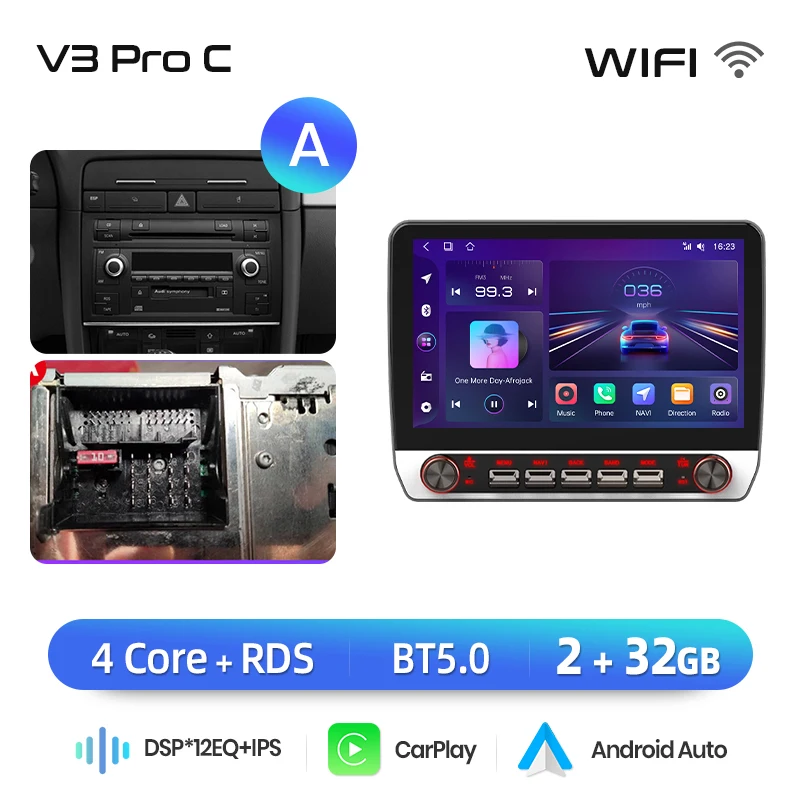Junsun 13.1″ QLED draadloze CarPlay Android Auto autoradio voor Audi A4 B6 SEAT Exeo 2000-2009 Intelligente systemen DSP SWC RDS GPS