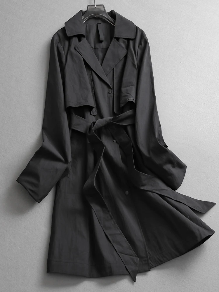

Elegant Pure Color Long Sleeve Waist-Cinching Belted Coat Spring 2025 British Style Women's Long Length Windbreaker L980