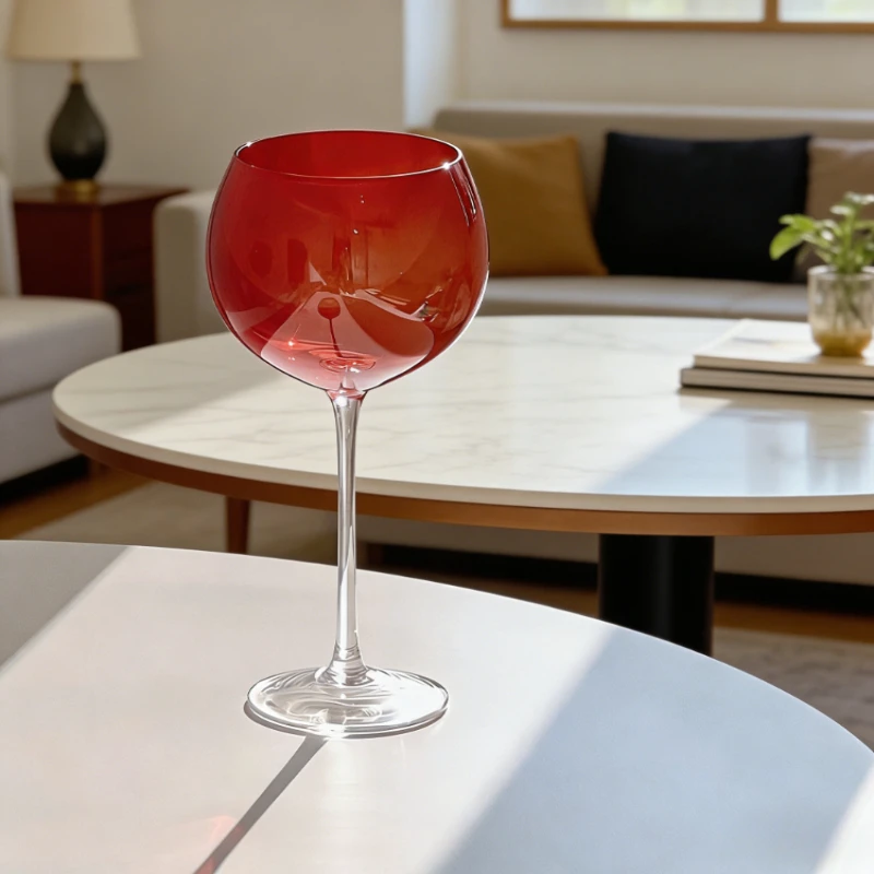 

Vintage Fiery Red Large Belly Round Ball Footed Wine Glass Exquisite Goblet Creative Home Bar Decor Table Centerpiece Ornament