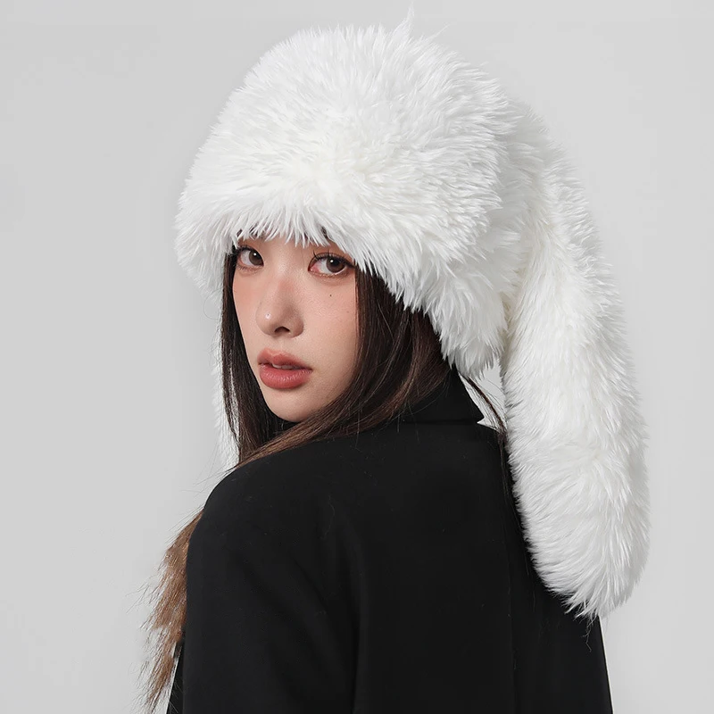 

Sweet and cute bunny ears plush hat for women winter thick warm cold protection net celebrity personality ear protection headban