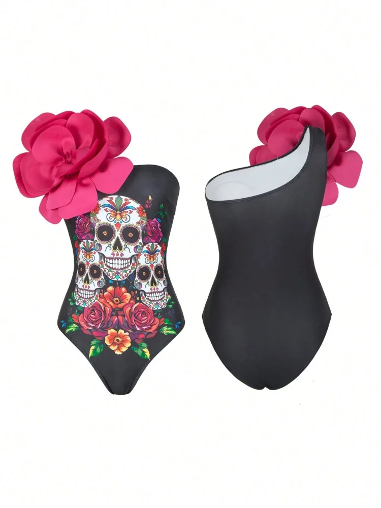 قطعة واحدة ملابس السباحة النسائية 2026 جديد الهيكل العظمي طباعة واحد الكتف الزهور ملابس الصيف Monokini بحر ثوب السباحة للإناث #2