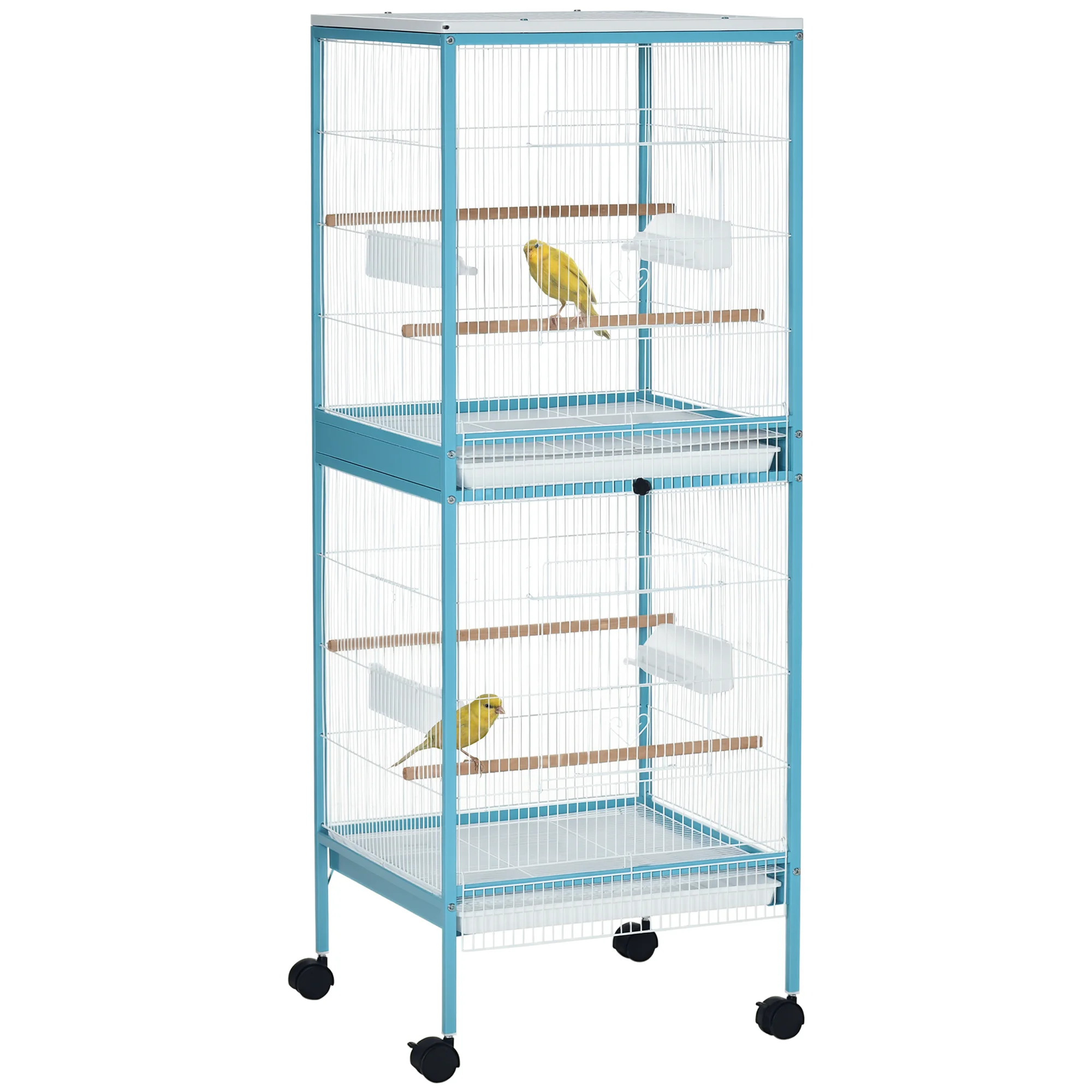 Pawhut 2-laags vogelkooi met wielen, verwijderbare bakken, blauw