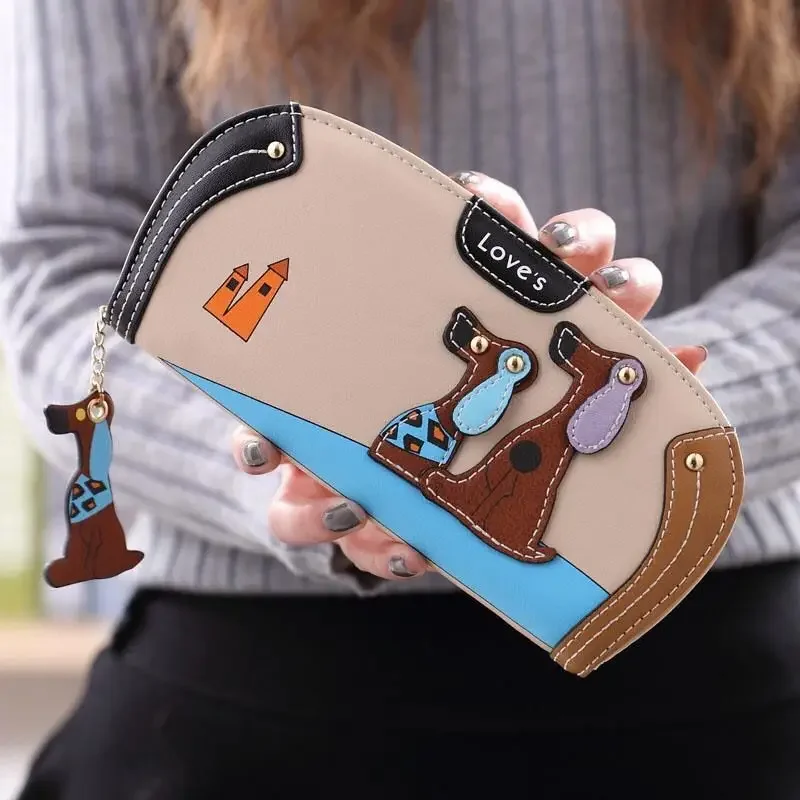 Ladies Zipper Long Wallet Large Capacity PU Leather Dog Pattern Contrasting Color Fashion Retro Clutch Waterproof Purse