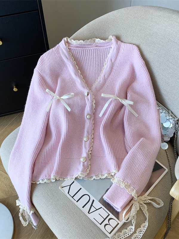 

Lace Trim V-Ne Knot Sweater Jaet plus Size Lazy Sle Slimming Knitted irt Casual Loose Fit Long Sve