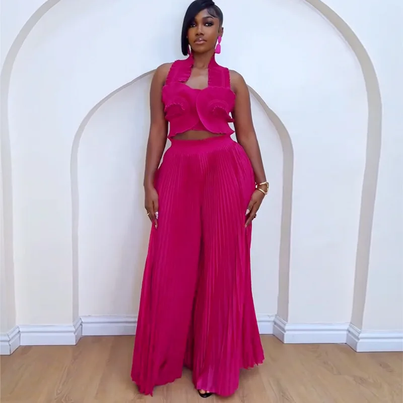 

Halter Lace-up Skirt Pant Pleated Design Plus Size Women Elegance Clothing 2 Pcs Set Full Pant Fashion Women Set