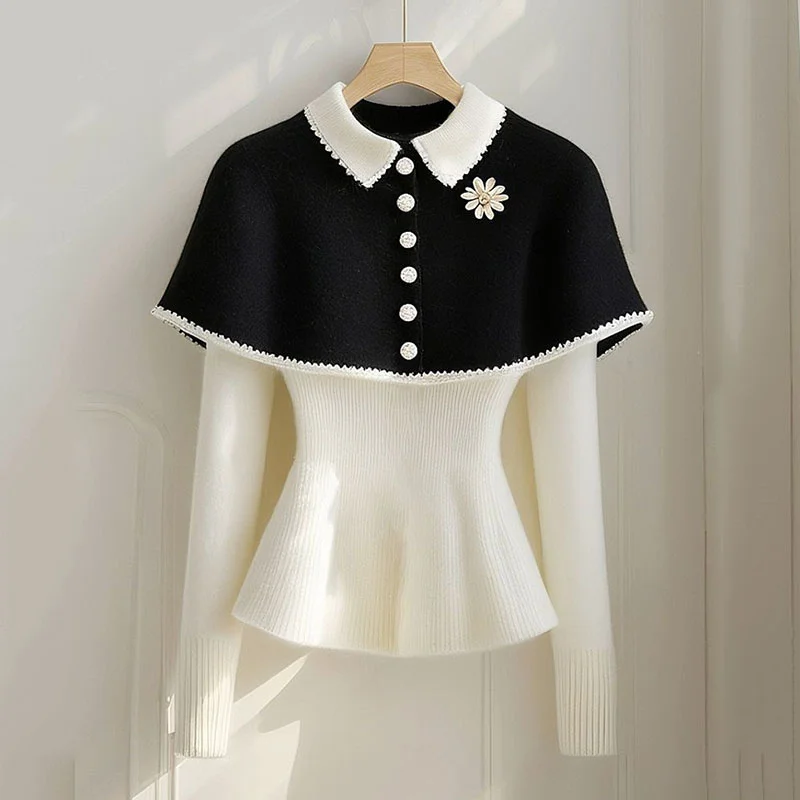 Herbst Winter Kontrast Gestrickte Pullover Frauen Tragen Schal Mantel Kurze Stricken Pullover Weibliche Lässige Strickwaren Pullover Pullover