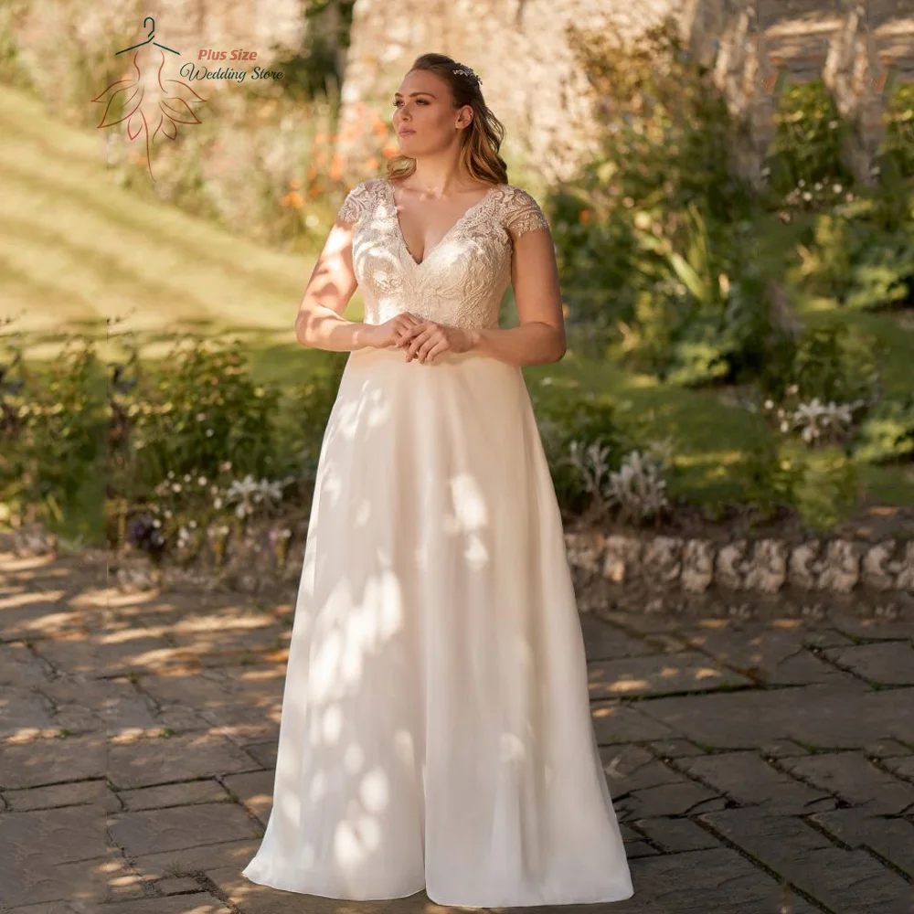 Vestidos De Novia clásicos De talla grande, Vestidos De Novia De línea a con cuello en V, Mangas De casquillo, apliques traseros con cordones, tren De barrido, 2023