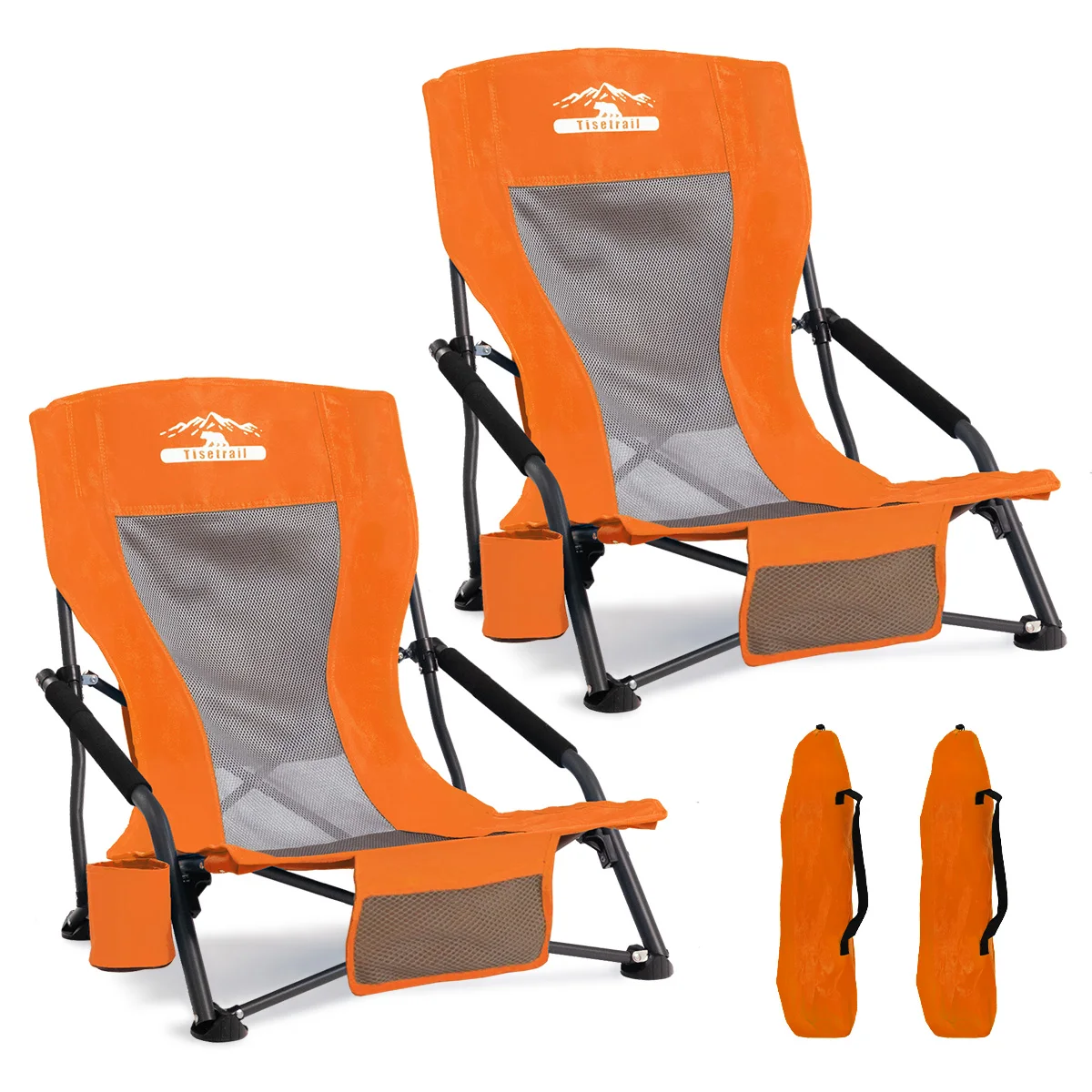 Tisetrail 2-Pack Portable Beach Chair for Adults Low Back Sling Chair with Cup Holder Folding Mesh Sand Chair Lightweight