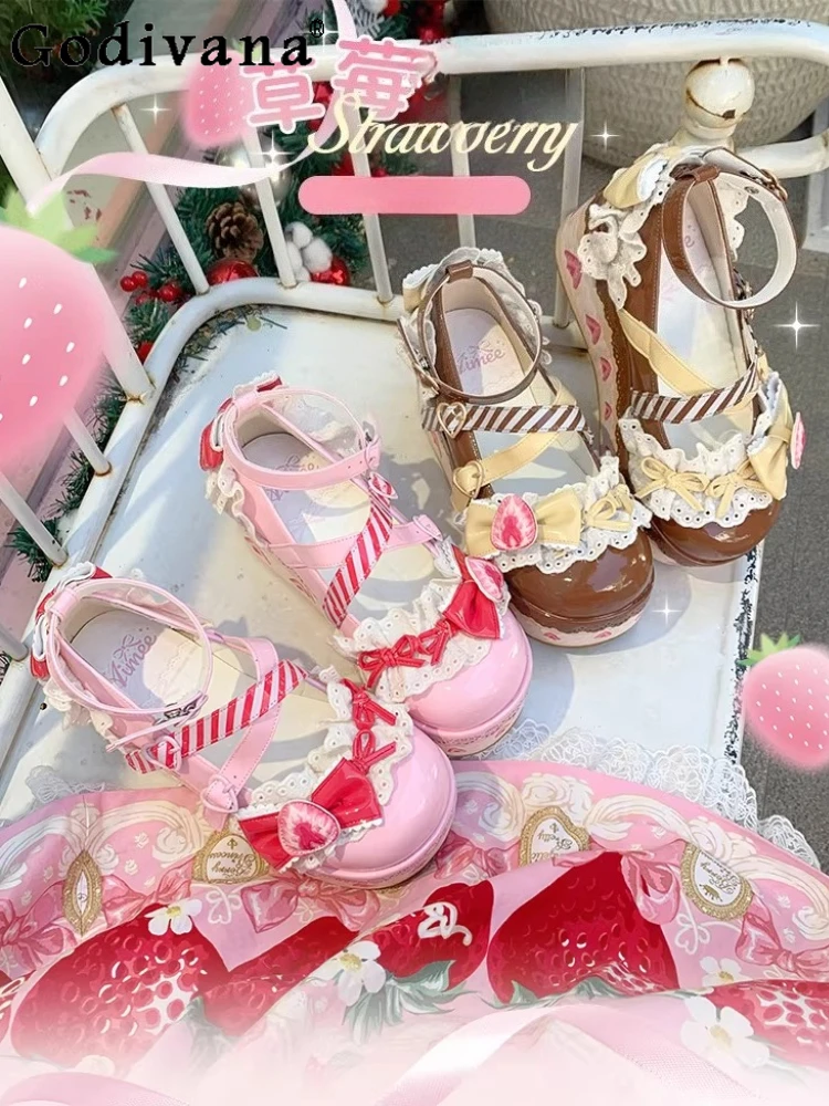 

Original Sweet Pink Lolita Platform Shoes Women Cute Heart Bowknot Strawberry Lo Mary Jane Shoes Cosplay Party High Heel Pumps