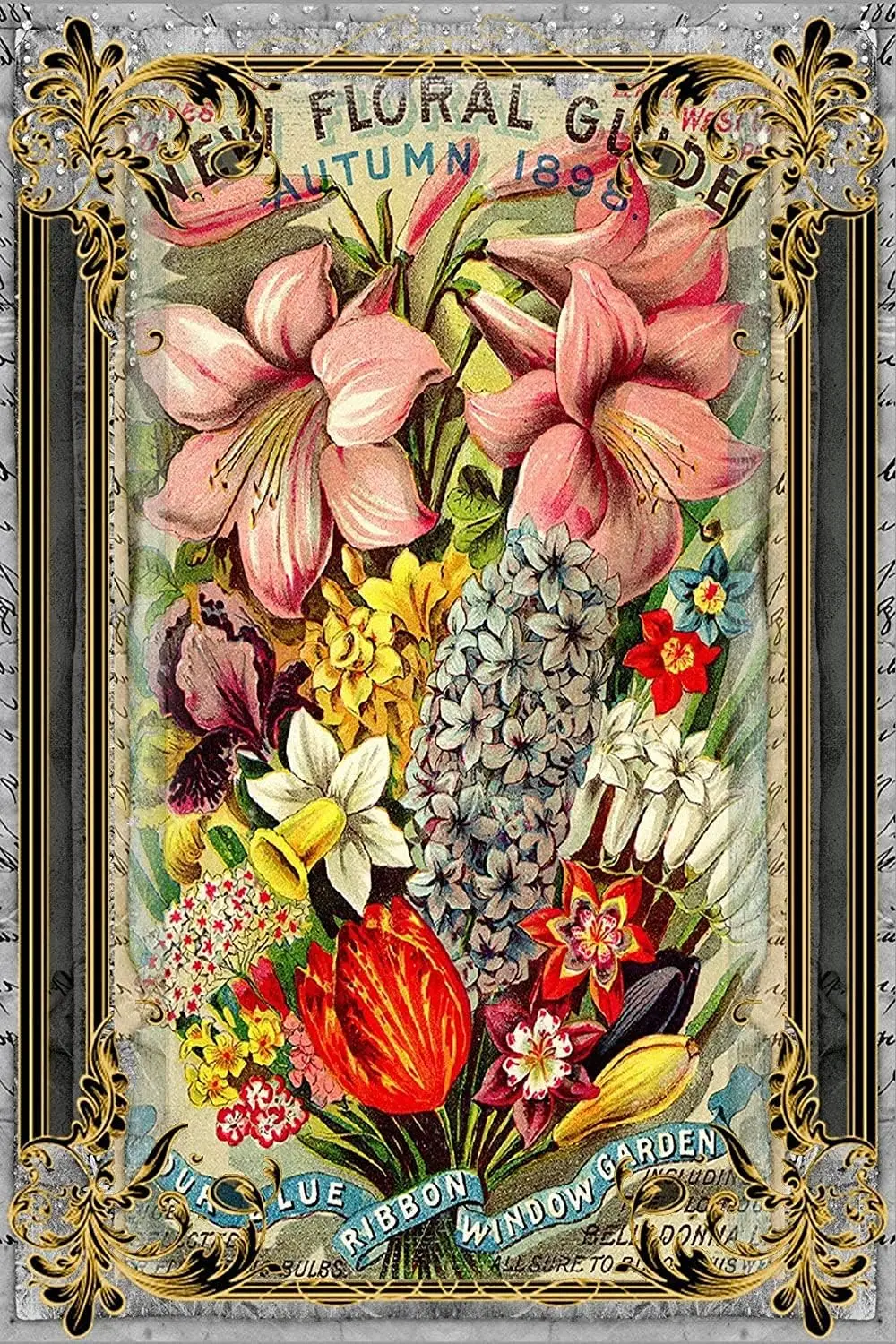 Floral Vintage Seed Packet Metal Sign Flower Painting Vintage Tin Sign Country Home Decor for Home, Living Room, Kitchen,Bathroo