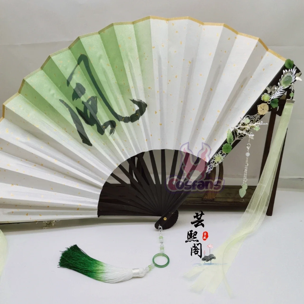 Anime Tian Guan Ci Fu Shi Qingxuan Hair Crown Folding fan Handheld Folded Antiquity Cool Cloth Fan Dance Hand Fan Props Gifts