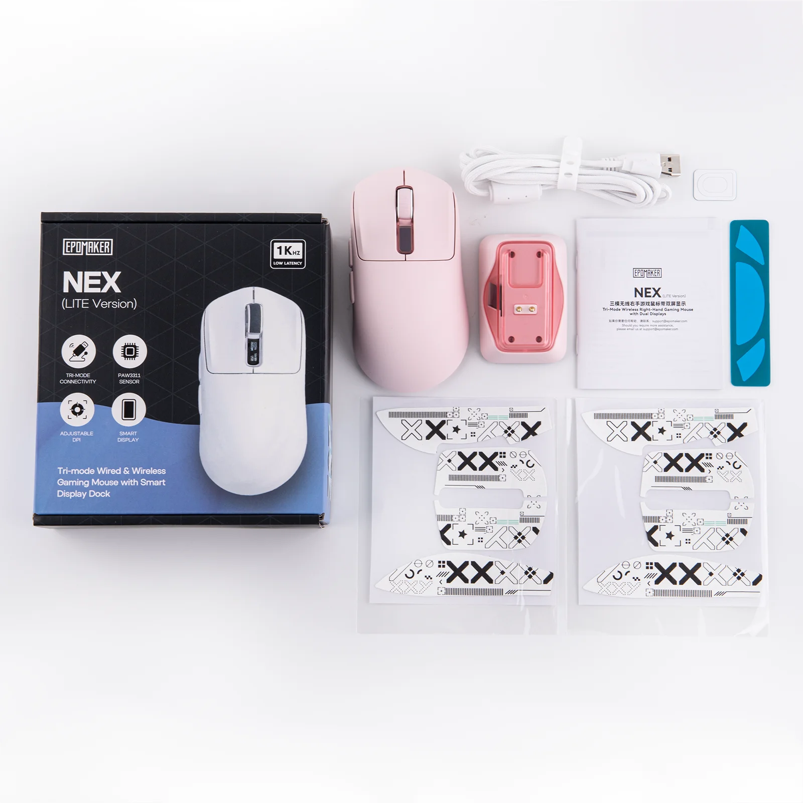 Bezprzewodowa mysz gamingowa EPOMAKER NEX Lite z możliwością podłączenia przez kabel/Bluetooth/2.4Ghz, ergonomiczna mysz z czujnikiem PAW3311 i podwójnym ekranem dla PC/Mac/Linux — zdjęcie produktu 6