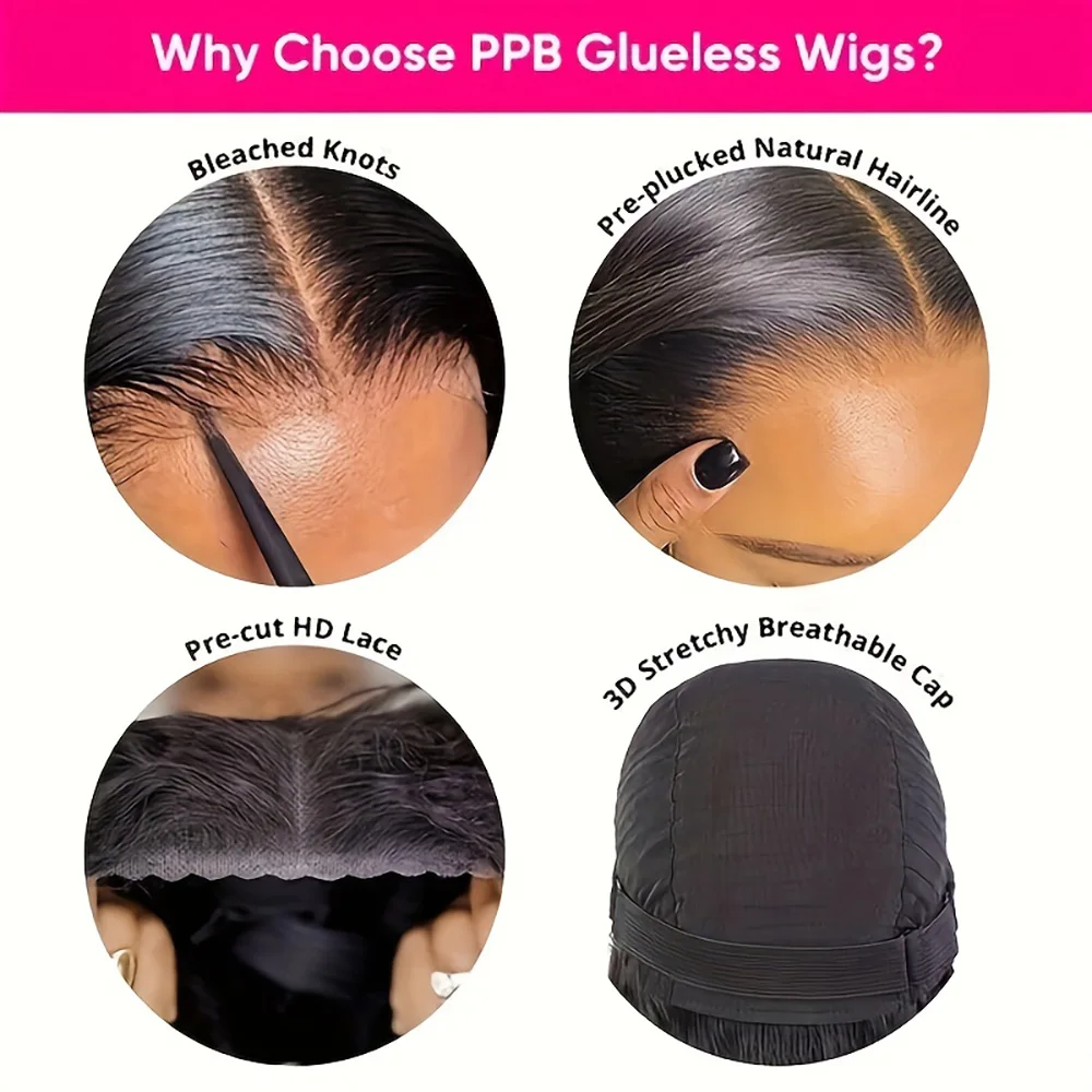 Perucas de Bob Glueless para mulheres, cabelo humano pré-arrancado, linha fina natural, peruca reta curta, fechamento Wear and Go, 6x4