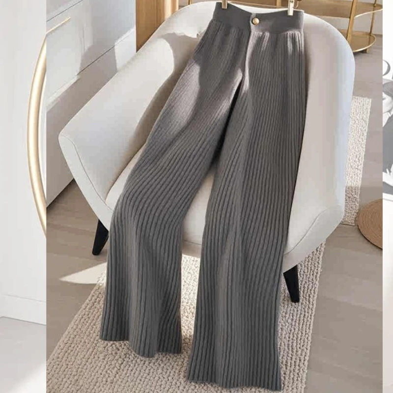 

Высококачественные серые вязаные брюки, женские зимние модные брюки 2025 года, удобные тонкие широкие брюки с высокой талией, прямые повседневные брюки