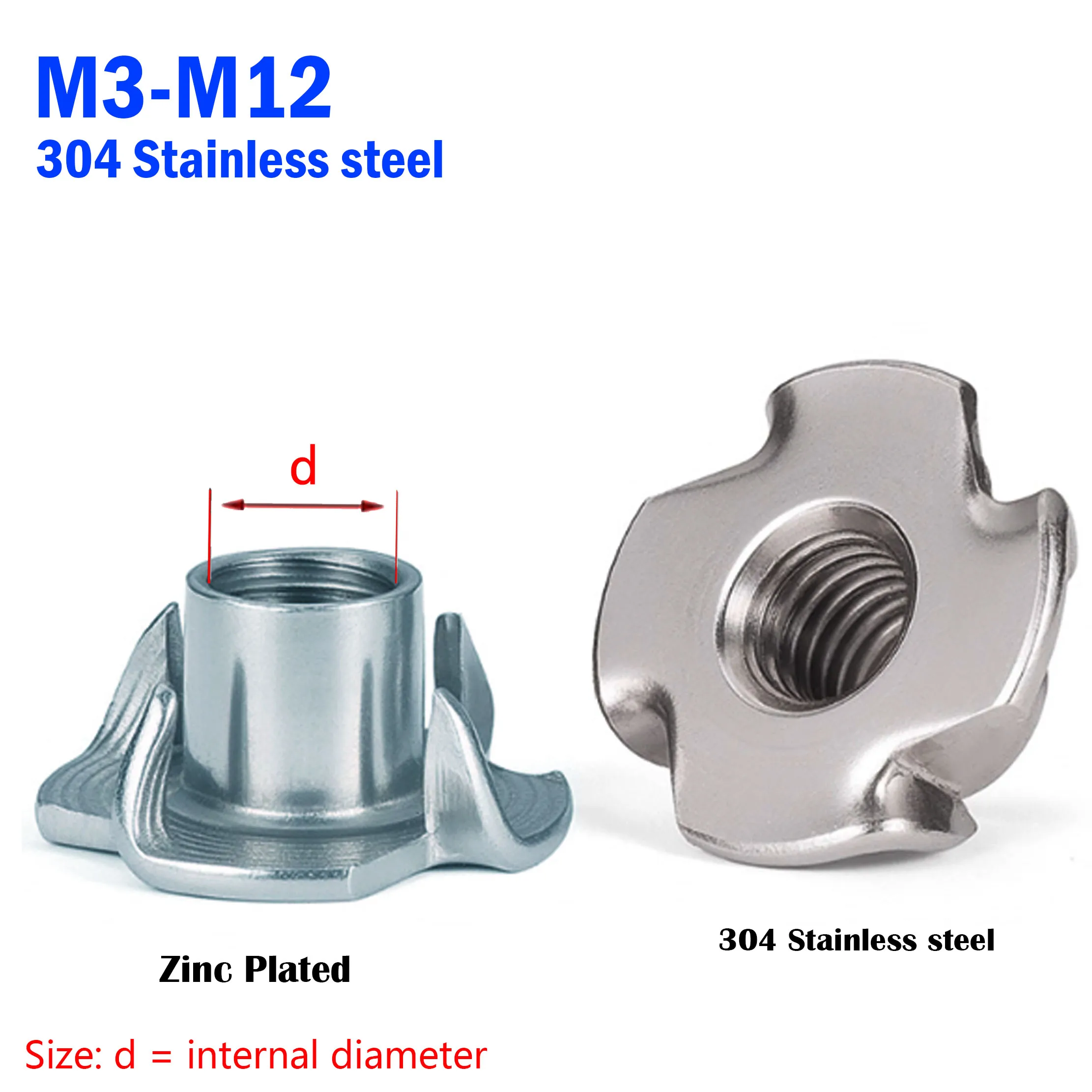 A2-70 métrico/Imperial de acero inoxidable/chapado en Zinc, tuerca de cuatro garras, altavoz, tuerca en T, inserto de puntas ciegas, tuerca en T, herrajes para muebles