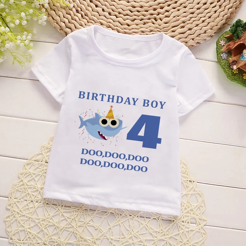 Camiseta de dibujos animados de tiburón de cumpleaños para niñas, camiseta con gráfico de número 0-9, ropa para niños, estampado de letras, manga