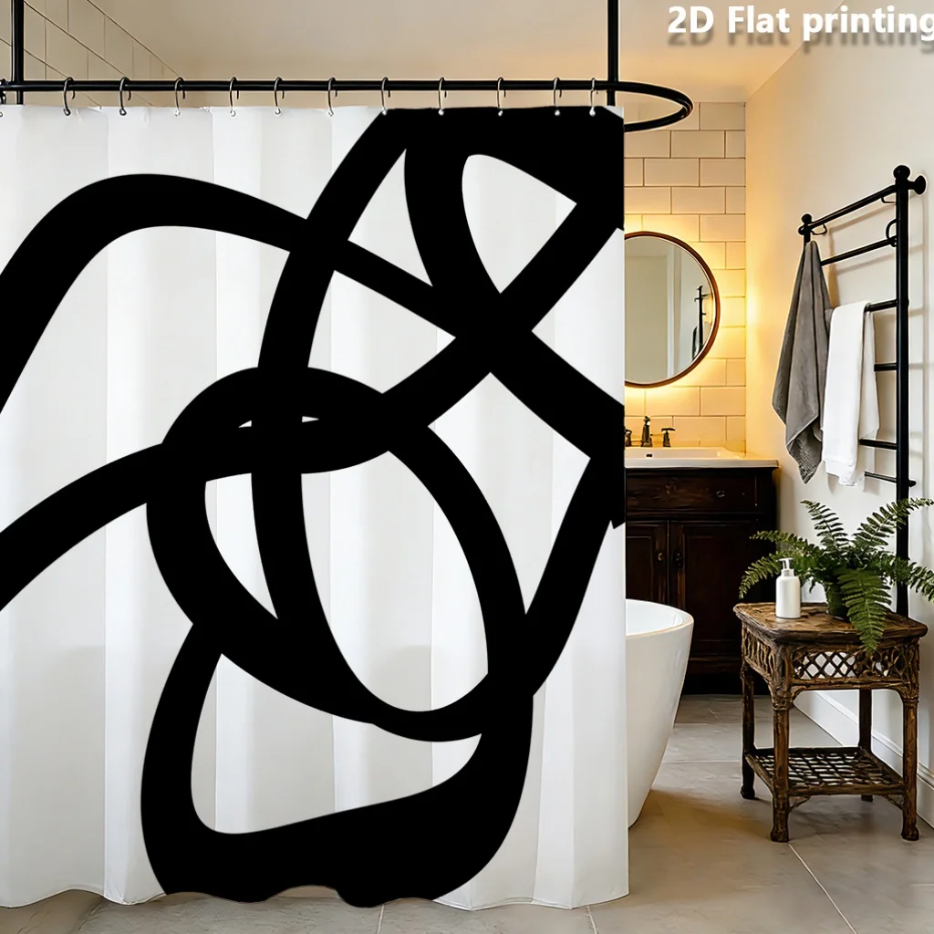 Modern Abstract Black Curve Shower Curtain – Bold Line Art on White, Polyester, 12 Grommets, Machine Washable, 72×72