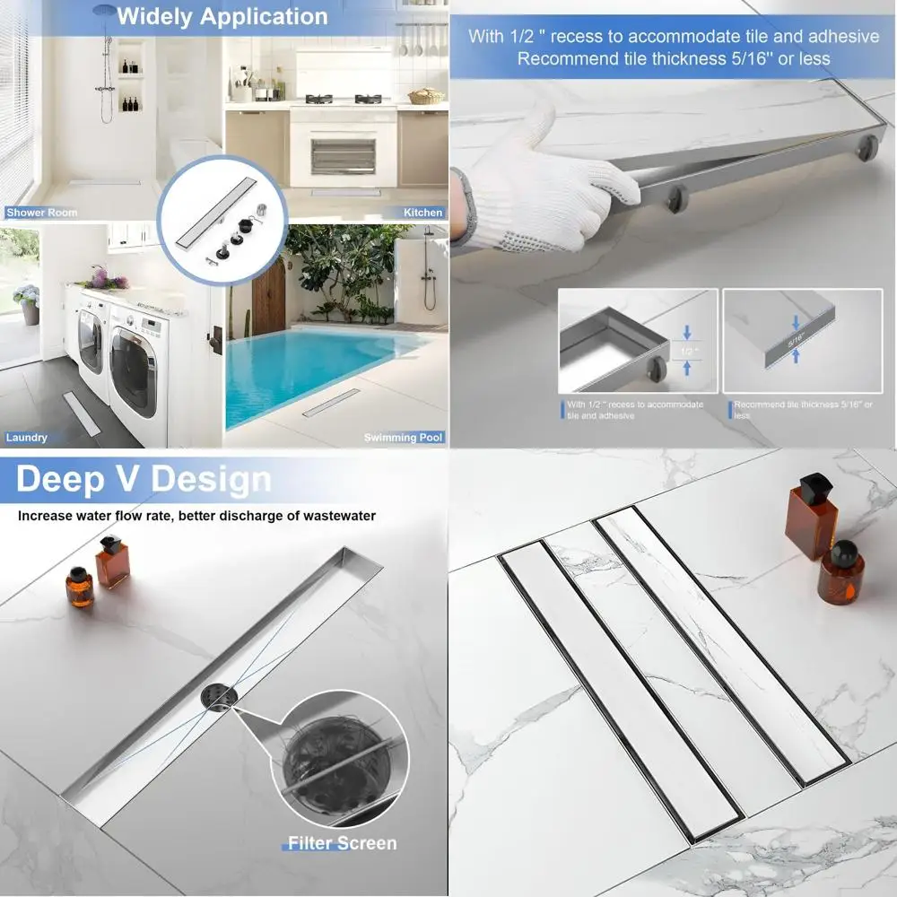 

28 Tile Insert Linear Shower Drain, 304 Stainless Steel, Brushed Nickel, Adjustable Feet, Hair Catcher, Suitable for Bathroom