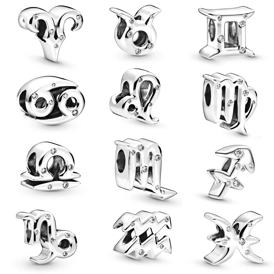 Classics Sparkling 12 Zodiac Signs Charm Beads Fit Original European 925 Sterling Silver Bracelet DIY Women Fashion Jewelry Gift