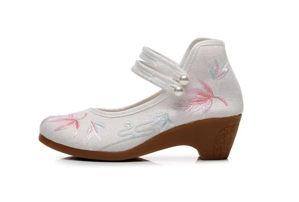Women Ankle Button Strap Pumps Ethnic Embroidery Mary Jane Dress Shoes Mid Heel Cotton Fabric Espadrilles Vintage Sandals