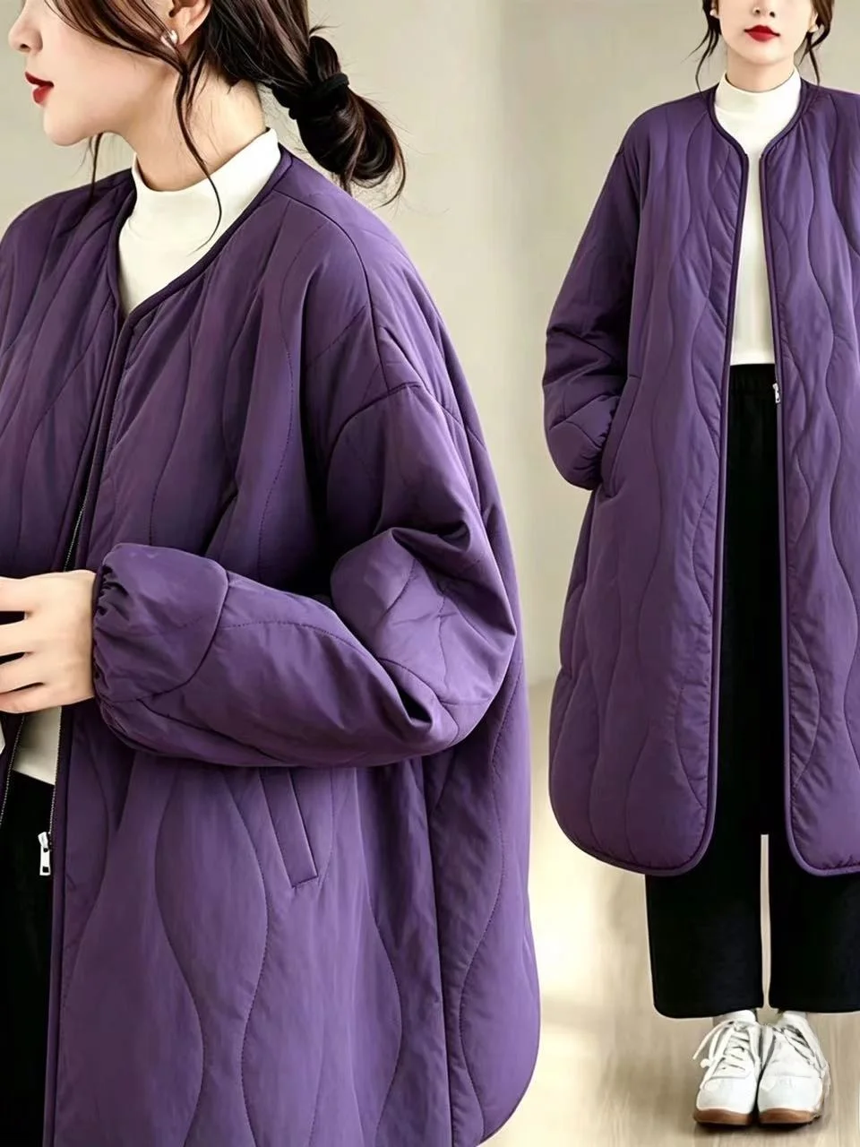 plus Size Women's Casual Fashionable Diamond Patterned Mid-Length  Color round Neck Jacket Autumn Winter Thickened Cotton
