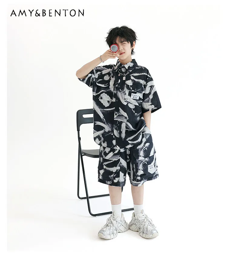 

Boys Summer New Fashion Cool Artistic Tie Dye Shirt Outfit Kids Loose Breathable Short Sleeve Top and Elastic Waist Shorts Sets
