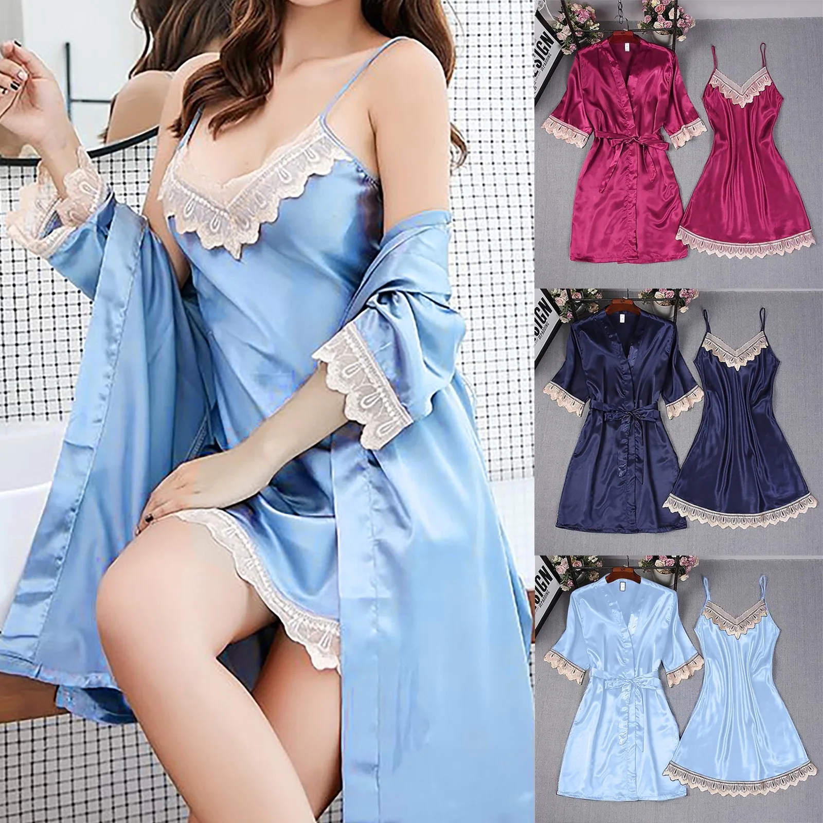 2-Piece Women Sexy Garter Lingerie Set Robes Lace Splicing Deep V-Neck Nightgown Elegant Fashion Solid Color Retro House Cloth