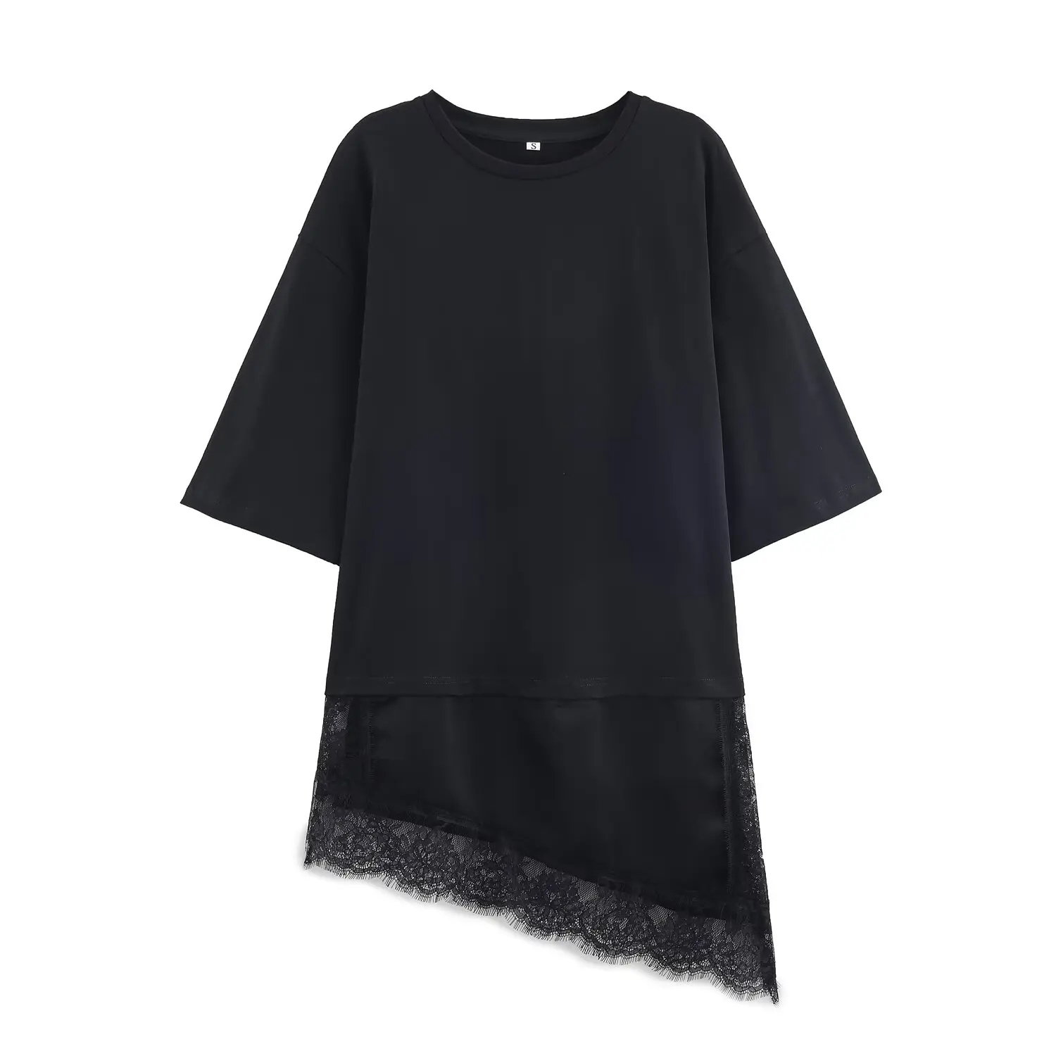 JNLEAOG Faionable Lace Patchwork T-irt Women's Street Sle Asymmetric Design Long Sve round Ne Regular Fit Top