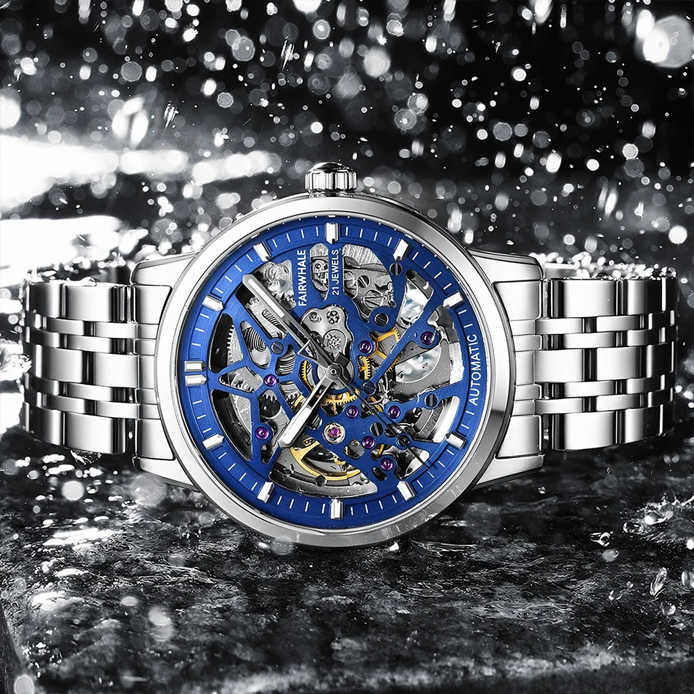 Reloj de Pulsera de Moda con Movimiento Automático para Hombre Mark Fairwhale 6040, Reloj Mecánico de Acero Negro con Esqueleto Luminoso e Impermeable