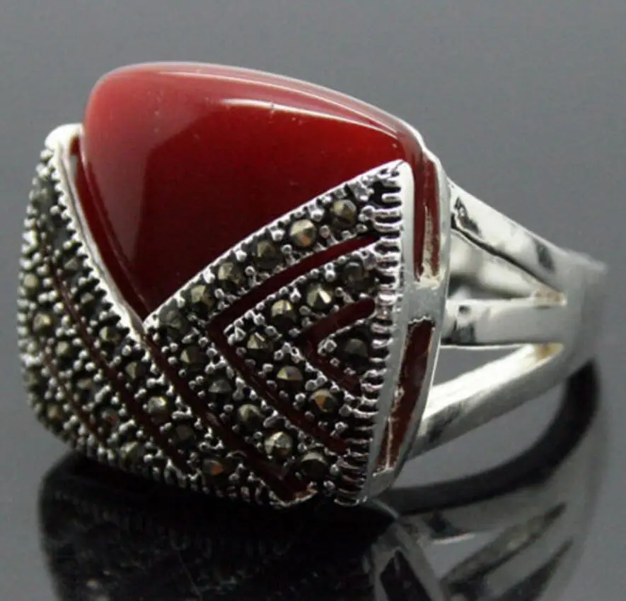 

14*15mm 925 SILVER NATURAL RED & MARCASITE SQUARE RING SIZE 7/8/9/10