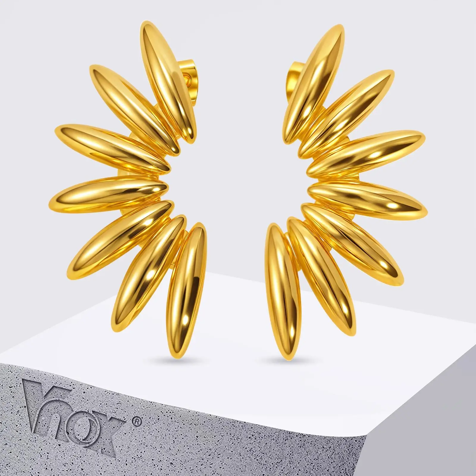 

Vnox Atmosphere Fan-shape Women's Stud Earrings, Stainless Steel Geometric Dangle Piercing Earrings, Female High End Jewelry