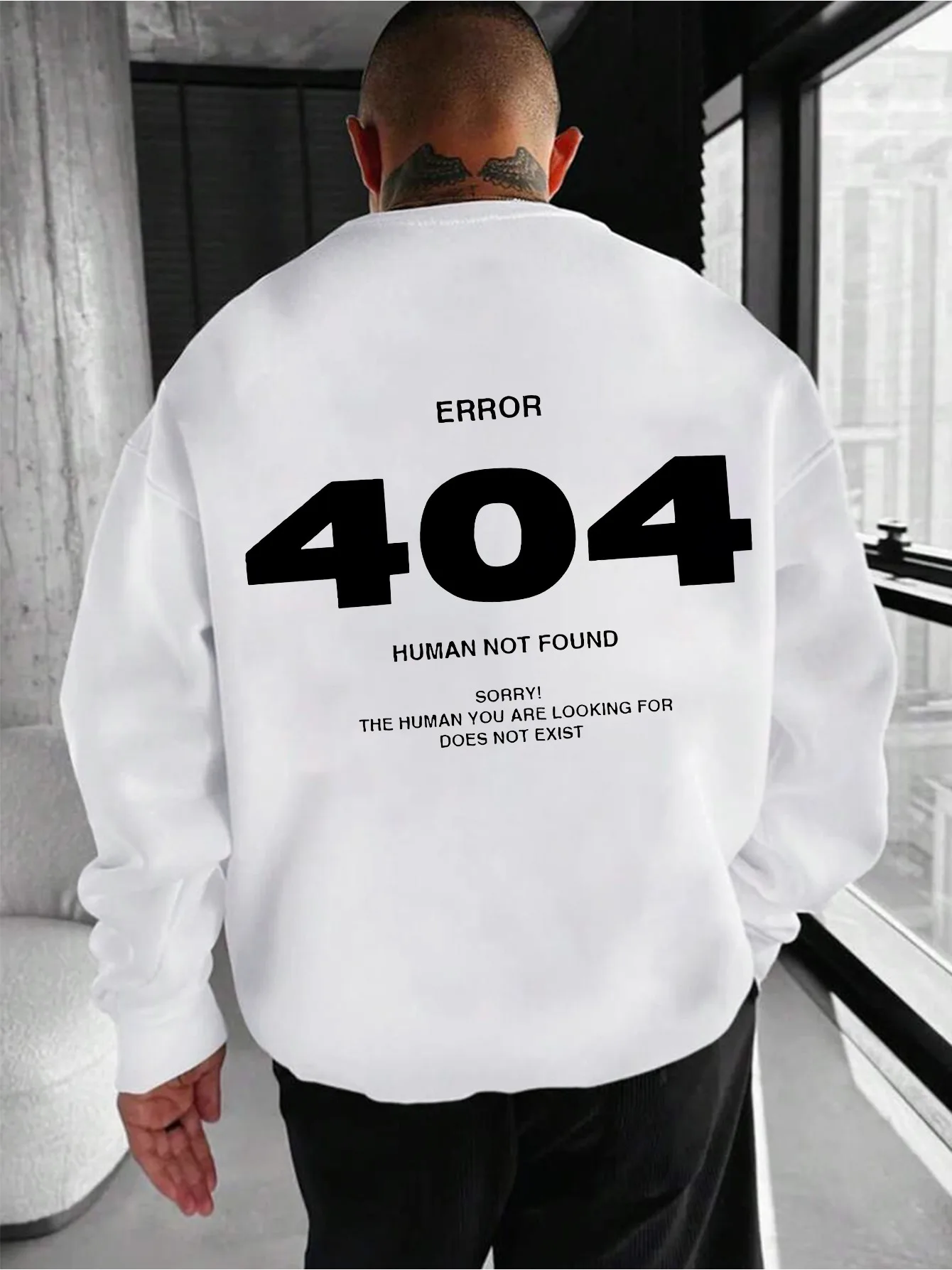 Men Oversized Crewneck Sweatshirt, Error 404 Human Not Found Funny Text Back Print Minimal Y2K Casual Streetwear Pullover