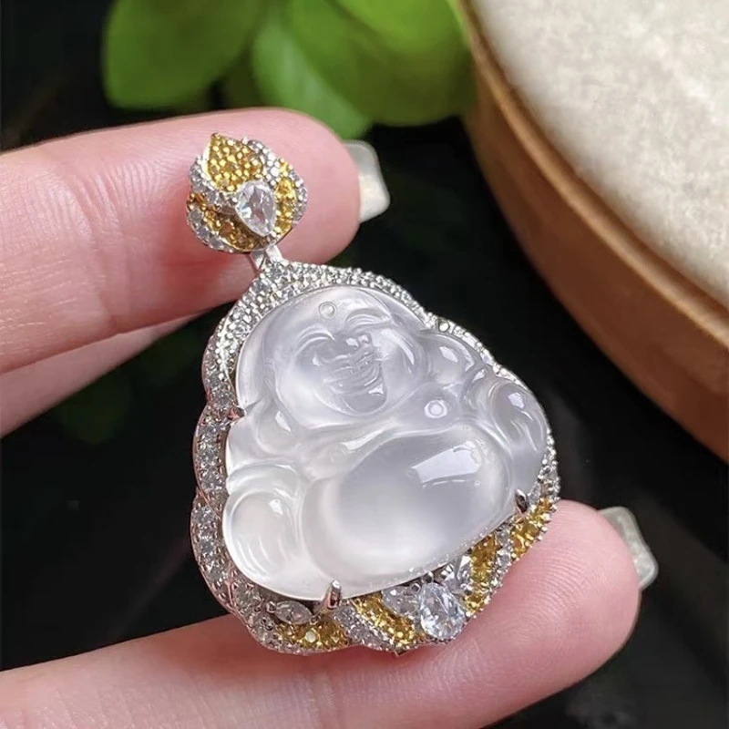 

New Natural White Chalcedony Big-bellied Buddha Pendant, Exquisite and Fashionable Ethnic Style Jewelry