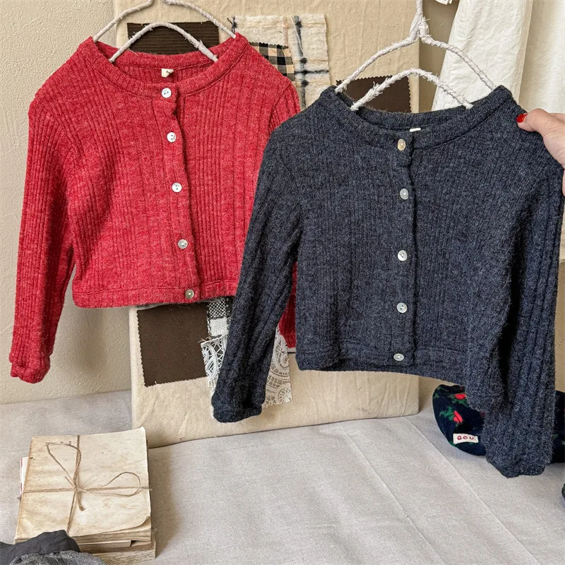 

2024 Autumn New Children Sweater Cardigan Boys Girls Casual Knitwear Toddler Baby Solid Woolen Tops Kids Casual Knitted Coat