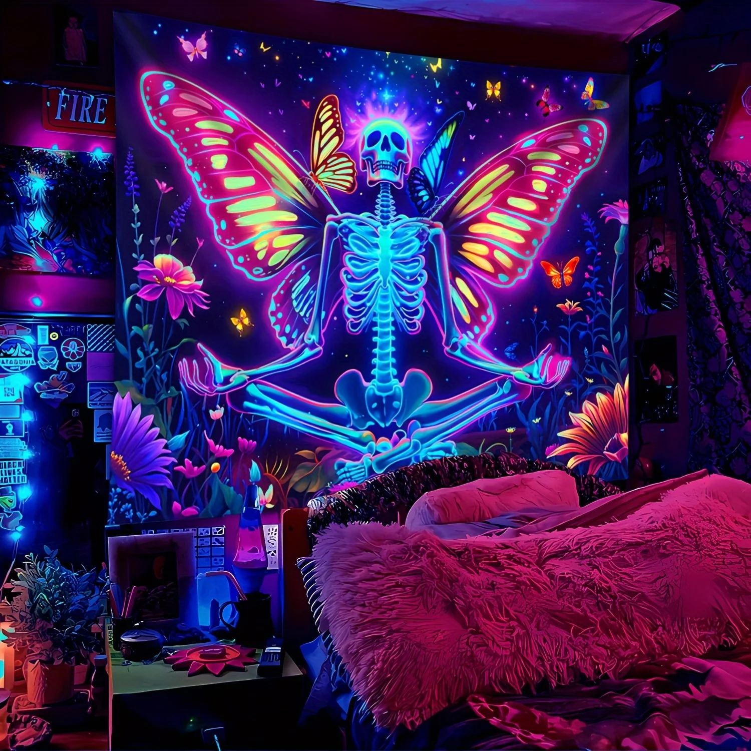 VIKAMA Fluorescent Fabric Wall Hanging Picture - Bohemian Style Wall Decor Item - Witch Skull Butterfly Wing Pattern Home Decor