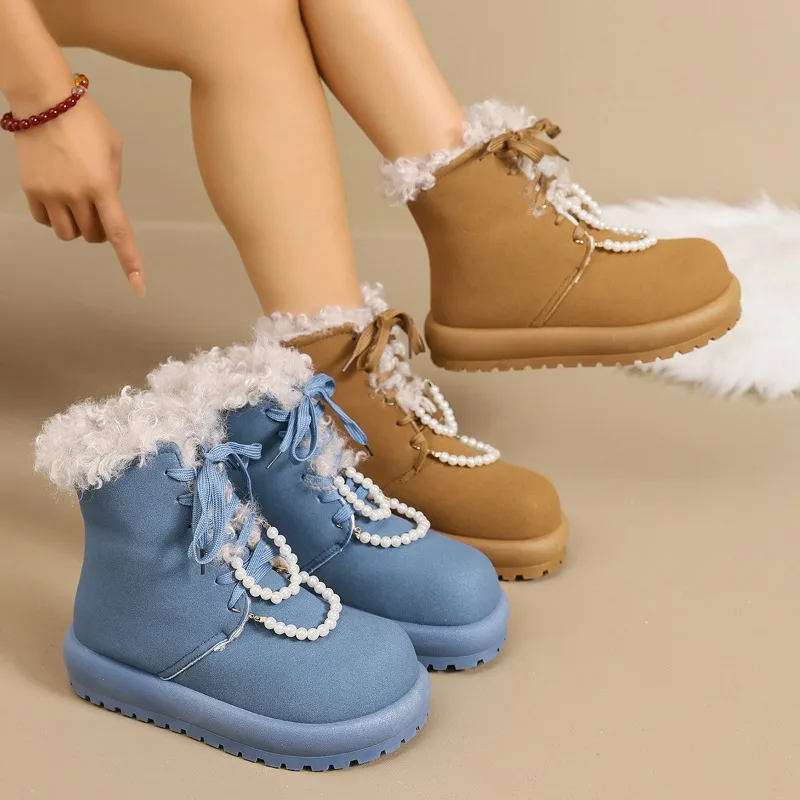 Winter New Round Toe Pearl Chain Solid Color Women;s Snow Boots 2026 Fashion Simple Lace Up Warm Comfort Outdoor Boots for Women