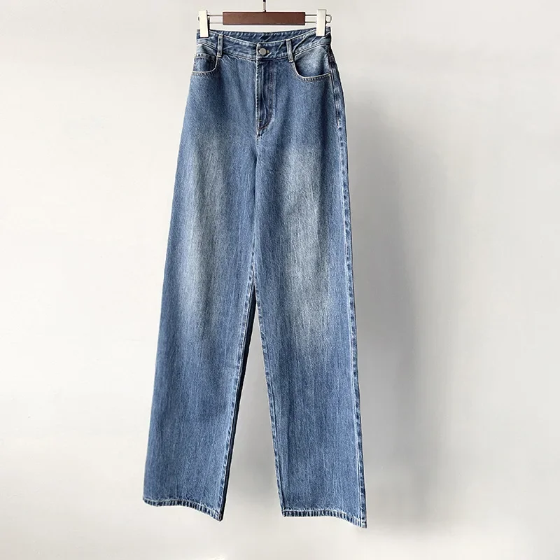 2022 New Arrival Minimalist Long-staple Straight-leg Wide-leg Cotton Blue Jeans Women